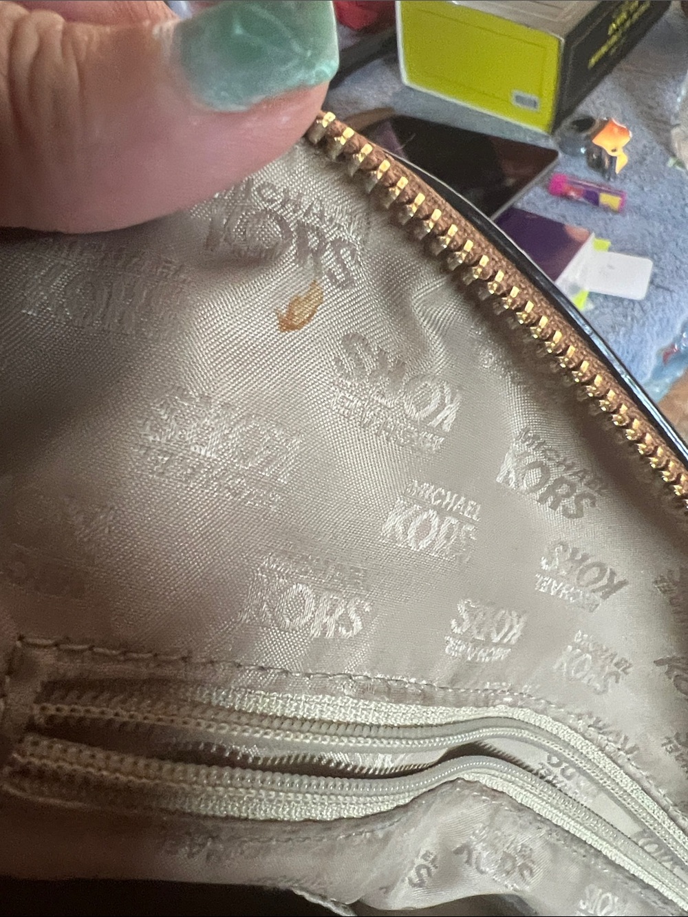 Michael Kors Brown Monogram Satchel with Tan Trim and Studs - Picture 4 of 5